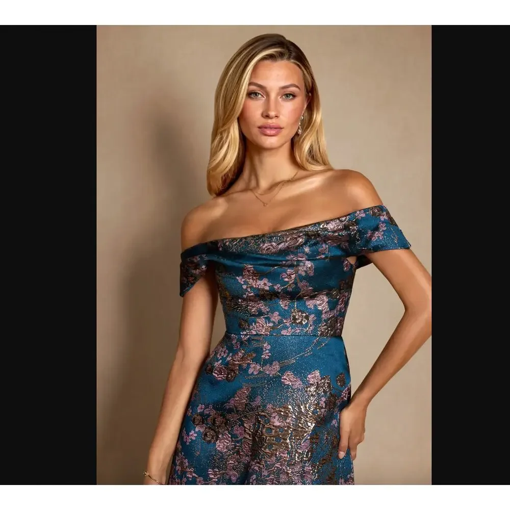 NWT Azazie Marceline Teal Floral A-Line Dress Formal Bridesmaid Black Tie Gown - Picture 3 of 8